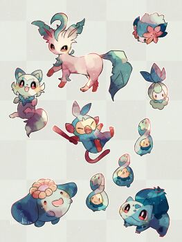 :d animal_focus artist_name budew bulbasaur cat closed_eyes colored_skin commentary_request dot_nose floating flower gen_1_pokemon gen_2_pokemon gen_4_pokemon gen_5_pokemon gen_8_pokemon green_background green_skin green_theme grookey hanabusaoekaki highres holding holding_stick leaf leafeon legendary_pokemon monkey mythical_pokemon nintendo no_humans open_mouth petilil pink_flower pokemon pokemon_(creature) red_eyes shaymin shaymin_(land) skiploom smile solid_circle_eyes solid_oval_eyes sprigatito stick tail wide_oval_eyes