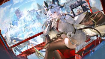 absurdres ahoge black_horns black_jacket black_thighhighs blue_sky breasts camera chinese_commentary clothing_cutout commentary_request curled_horns day dress dutch_angle eyewear_on_head fingernails grey_dress grey_hair hair_between_eyes highres holding holding_camera horns jacket jacket_on_shoulders large_breasts long_hair looking_at_viewer looking_to_the_side multicolored_hair nail_polish red_eyes red_nails samo_(shichun_samo) selfie shoulder_cutout sitting sky streaked_hair sunglasses sweater sweater_dress thighhighs thighs wuthering_waves zani_(downtown_repose)_(wuthering_waves) zani_(wuthering_waves)