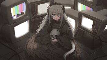 1girl animal_ears black_dress black_hairband blue_eyes cable clauvio_(vtuber) crt dress frilled_dress frilled_hairband frilled_sleeves frills grey_hair hair_between_eyes hairband highres holding holding_skull indie_virtual_youtuber long_dress long_hair looking_at_viewer monakocoa mouse_ears mouse_girl mouse_tail second-party_source sitting skull solo static tail television