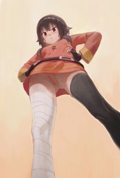 1girl :< absurdres asymmetrical_legwear bandaged_leg bandages belt belt_buckle black_gloves black_thighhighs blush bottomless buckle censored cleft_of_venus closed_mouth commentary_request dot_nose dress feet_out_of_frame fingerless_gloves from_below gloves gluteal_fold gold_trim hands_on_own_hips highres kono_subarashii_sekai_ni_shukufuku_wo! loli long_sleeves looking_at_viewer megumin mismatched_legwear no_panties petite pussy red_dress red_eyes short_hair_with_long_locks simple_background single_thighhigh solo standing thighhighs toxic_(toxicv) yellow_background
