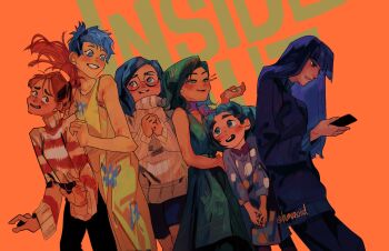 6+girls anxiety_(inside_out_2) blue_eyes blue_hair disgust_(inside_out) disney dress envy_(inside_out_2) green_hair highres humanoiid_jen inside_out inside_out_2 joy_(inside_out) long_hair multiple_girls orange_hair pants phone pixar purple_hair sadness_(inside_out) shirt short_hair tagme