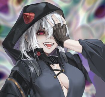 1girl absurdres black_hood breasts cleavage cleavage_cutout clothing_cutout collar command_&amp;_conquer command_&amp;_conquer:_red_alert command_&amp;_conquer:_red_alert_2 double-parted_bangs fingerless_gloves gloves glowing glowing_eyes grey_jacket hand_on_own_face highres hood hood_up hoodie horned_hood horns jacket laughing libra_(mental_omega) medium_breasts medium_hair mental_omega_(mod) no_bra pale_skin psychedelic realistic red_eyes solo teeth tongue upper_body white_hair yu_ruo