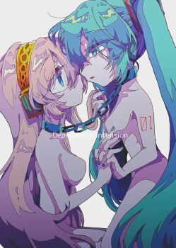 2girls blue_eyes blue_hair blue_nails chain closed_mouth eye_contact eyes_visible_through_hair facing_another fingernails from_side frown hatsune_miku highres holding_hands interlocked_fingers long_hair looking_at_another megurine_luka mekziro multiple_girls nail_polish no_nipples nude open_mouth pink_hair sideways_mouth simple_background song_name twintails very_long_hair vocaloid white_background