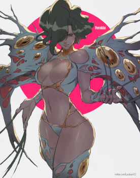 absurdres armor bikini_armor black_hair black_nails breasts claws cleavage curvy dominatrix extra_eyes ferakia_(langrisser) hair_over_one_eye highres langrisser lejeanx3 nail_polish navel rejean_dubois simple_background solo standing thighs twitter_username watermark web_address white_legwear