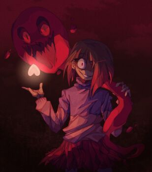 Rule 34 | 1girl, :d, akumu (glitchtale), alternate universe, artist name, bad id, bad tumblr id, bete noire, black background, blunt bangs, blunt ends, brown hair, colored skin, colored tips, cowboy shot, dedash-a, film grain, glitchtale, glowing heart, grin, hair behind ear, hands up, head tilt, highres, inactive account, long sleeves, multicolored hair, open mouth, pink sweater, pleated skirt, puffy long sleeves, puffy sleeves, purple sweater, red background, red eyes, red hair, red skin, shaded face, short hair, simple background, skirt, slime (creature), slit pupils, smile, solo, standing, straight-on, sweater, tareme, turtleneck, turtleneck sweater, two-tone background, two-tone hair, two-tone sweater, underlighting, undertale, utdr (toby fox), wide-eyed