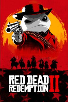 Rule 34 | angry, arthur morgan, arthur morgan (cosplay), commentary, cosplay, cover, english commentary, fins, gun, handgun, hat, highres, horse, jeff (marvel), looking at viewer, marvel, marvel rivals, multiple boys, parody, pocho22059768, red dead redemption (series), red dead redemption 2, revolver, shark, weapon