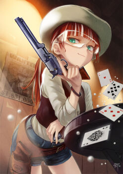 1girl aqua_eyes belt blue_shorts brown_belt brown_vest card colt_1851_navy commentary_request cowboy_hat cowboy_shot gou_(double_trigger) gun handgun hat holding holding_gun holding_weapon holster leaning_on_table looking_at_viewer multicolored_hair original playing_card ponytail red_hair revolver safety_glasses shirt shorts signature smile solo trigger_discipline vest wanted_poster weapon white_hair white_hat white_shirt