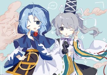 Rule 34 | 2girls, :d, black skirt, blue background, blue cloak, blue eyes, blue hair, blush, cloak, commentary, detached sleeves, dress, grey eyes, grey hair, hair between eyes, hand up, hat, highres, kumoi ichirin, long hair, medium hair, mononobe no futo, multiple girls, one eye closed, open mouth, parted bangs, parted lips, pom pom (clothes), shirt, skirt, smile, tate eboshi, touhou, unzan, white dress, white shirt, wusem0108