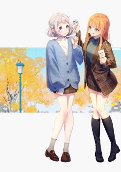 2girls absurdres autumn autumn_leaves black_boots blue_cardigan blue_eyes blush boots braid brown_jacket brown_skirt cardigan commentary_request full_body gakuen_idolmaster ginkgo_leaf green_eyes green_sweater grey_hair half_up_braid highres idolmaster jacket katsuragi_lilja knee_boots lamppost leaf long_hair long_sleeves meronnpannpi miniskirt multiple_girls open_clothes open_jacket orange_hair plaid_clothes plaid_jacket plaid_skirt shiun_sumika shoes short_hair skirt socks sweater turtleneck turtleneck_sweater
