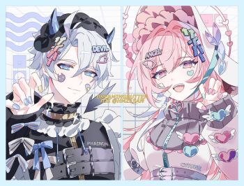 1boy 1girl ahoge alternate_costume bandaid bandaid_on_cheek bandaid_on_face black_headdress black_vest blue_eyes blue_nails breasts character_name commentary cyrene_(honkai:_star_rail) cyrene_(ripples_of_past_reverie)_(honkai:_star_rail) dress facial_mark hair_ornament hat heart heart_facial_mark honkai:_star_rail honkai_(series) large_breasts long_hair multicolored_hair phainon_(honkai:_star_rail) pink_dress pink_hair pink_nails punch_(punchrecipe) purple_eyes symbol-only_commentary two-tone_hair upper_body very_long_hair vest white_hair white_hat