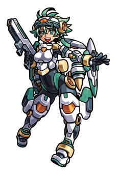 Rule 34 | 1girl, antenna hair, armor, armored boots, black bodysuit, black gloves, bodysuit, boots, gloves, gold armor, green eyes, green hair, gun, hair between eyes, harakawa mitsuhiro, headgear, holding, holding gun, holding weapon, multicolored armor, official art, open mouth, sahn (shinrabanshou), shinrabanshou, short hair, solo, teeth, third-party source, transparent background, upper teeth only, weapon, white armor