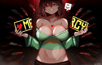 1girl breaking breasts brown_hair brown_shorts chara_(undertale) evil_smile glowing glowing_eyes green_shirt heart highres knife likesac looking_at_viewer navel red_eyes shirt shorts smile undertale utdr_(toby_fox)