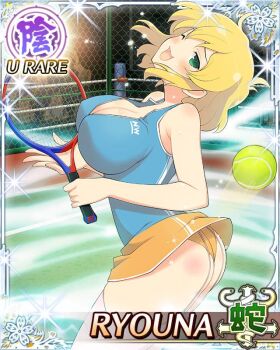 1girl :3 ball blonde_hair blue_tank_top border breasts card_(medium) character_name cleavage from_side game_cg green_eyes head_back head_tilt holding holding_racket large_breasts looking_at_viewer masochism medium_hair messy_hair official_art one_eye_closed open_mouth racket ryouna_(senran_kagura) senran_kagura senran_kagura_new_wave slap_mark smile solo sportswear tank_top tennis tennis_ball tennis_racket tennis_skirt tennis_uniform thighhighs third-party_source white_thighhighs