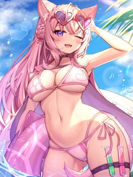 1girl absurdres animal_ear_fluff animal_ears armpits beaker beaker_holster bikini blue_sky blush braid breasts cloud commentary_request cowboy_shot day deaver eyewear_on_head fang gluteal_fold hakui_koyori heart heart-shaped_eyewear highres hololive holster lab_coat large_breasts lens_flare long_hair looking_at_viewer multi-strapped_bikini navel one_eye_closed open_mouth pink_hair side-tie_bikini_bottom skindentation sky smile solo stomach sunglasses sunlight swimsuit tail thigh_holster thighs underboob virtual_youtuber water water_drop wet wolf_ears wolf_tail