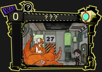 Rule 34 | 1boy, 1girl, ?, ??, black jacket, black pants, bow, containment unit, employee (project moon), enkephalin (project moon), full body, hair bow, heathcliff (project moon), ishmael (project moon), jacket, limbus company, lobotomy corporation, long hair, medakaiintyou01, monster girl, nugget (project moon), orange hair, pants, project moon, scylla, sidelocks, standing, tentacles, topless female, very long hair, white bow