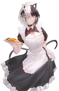 1girl absurdres animal_ears apron black_bulls_(emblem) black_choker black_dress black_hair black_ribbon bow breasts cat_ears cat_girl cat_tail choker cleavage cleavage_cutout closed_mouth clothing_cutout dress ear_ribbon food hair_ornament hairclip hand_up highres holding holding_plate hololive hololive_english kemonomimi_mode ketchup kurochanai looking_at_viewer maid maid_headdress multicolored_hair neck_ribbon omelet omurice plate puffy_short_sleeves puffy_sleeves red_ribbon ribbon shiori_novella short_sleeves skirt_hold smile solo split-color_hair tail two-tone_hair virtual_youtuber white_apron white_hair yellow_eyes