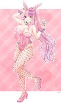 1girl absurdres ace_(playing_card) ace_of_spades animal_ear_hairband animal_ears bare_shoulders black_nails bow bowtie breasts card card_in_mouth cleavage commentary covered_navel detached_collar earrings english_commentary eyelashes fake_animal_ears fingernails fishnet_pantyhose fishnets full_body hairband heart heart_in_eye heterochromia high_heels highres holding holding_card ironmouse jewelry joker_(playing_card) leotard long_hair mouth_hold nail_polish outline pantyhose pink_bow pink_bowtie pink_hair pink_leotard pink_shoes playboy_bunny playing_card pointy_ears ponytail purple_eyes purple_hair purple_hairband rabbit_ear_hairband rabbit_ears red_eyes sharp_fingernails shoes single_earring solo spade_(shape) standing standing_on_one_leg strapless strapless_leotard suzuri_ishi symbol_in_eye virtual_youtuber vshojo white_outline wrist_cuffs