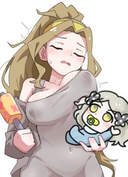 2girls baby baby_carry bare_shoulders black_ribbon blush breasts cardigan carrying chibi cleavage closed_eyes collarbone covered_erect_nipples dongtan_dress dot_nose dress furrowed_brow grabbing_another&#039;s_breast grey_dress grey_hair groping hairband handa_roco high_ponytail highres holding holding_toy idolmaster idolmaster_million_live! idolmaster_million_live!_theater_days lactation lactation_through_clothes large_breasts long_hair mature_female mother_and_daughter multiple_girls nikaido_chizuru off_shoulder ohgi910 open_mouth pacifier parted_bangs polka_dot ponytail ribbon sidelocks simple_background standing sweat toy trembling very_long_hair wavy_hair wavy_mouth white_background yellow_hairband