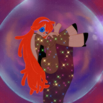 +_+ 1girl alien backless_outfit blue_eyes bodysuit button_eyes buttons colored_sclera cosplay cross-shaped_pupils cyclops dragon's_lair eyeshadow fetal_position floating full_body glasmond hairband headphones high_heels highres long_hair looking_at_viewer makeup one-eyed one_eye_closed orange_hair personification planet princess_daphne purple_hairband ragatha_(the_amazing_digital_circus) red_hair see-through_clothes solo space sparkle star_(sky) symbol-shaped_pupils tentacle_hair the_amazing_digital_circus tinted_eyewear twitter_username very_long_hair x_x