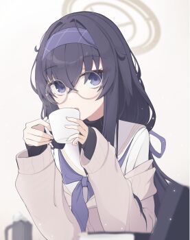 1girl black_hair blue_archive blurry brown_halo brown_sweater commentary_request cup depth_of_field glasses hair_between_eyes hairband halo highres holding holding_cup looking_at_viewer matchadzuke mug necktie purple_eyes purple_hairband purple_necktie round_eyewear sailor_collar shirt solo sweater ui_(blue_archive) white_sailor_collar white_shirt yellow-framed_eyewear