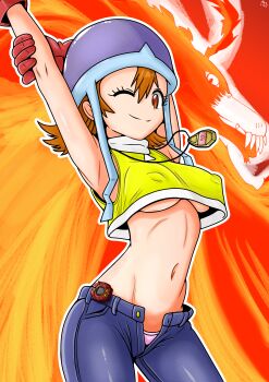 1girl absurdres arm_behind_head armpits arms_up aviator_cap birdramon blue_hat blue_pants breasts brown_eyes brown_hair closed_mouth covered_erect_nipples cowboy_shot cropped_shirt denim digimon digimon_(creature) digimon_adventure digivice from_side gloves hat highres looking_at_viewer looking_to_the_side matching_hair/eyes matz medium_breasts medium_hair midriff navel no_bra one_eye_closed orange_background panties pants petite pink_panties red_gloves shirt sideways_glance simple_background sleeveless sleeveless_shirt smile solo_focus standing stretching takenouchi_sora two-tone_shirt unbuttoned underboob underwear white_shirt wink yellow_shirt