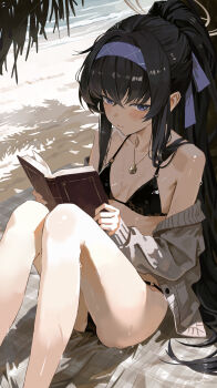 Rule 34 | 1girl, absurdres, bare shoulders, bikini, black bikini, blue archive, book, breasts, brown cardigan, cardigan, crossed bangs, gold necklace, hair between eyes, hairband, highres, holding, holding book, jewelry, long hair, looking at viewer, nanjo maya, necklace, official alternate costume, official alternate hairstyle, ponytail, purple eyes, purple hairband, sitting, solo, swimsuit, ui (blue archive), ui (swimsuit) (blue archive), wet