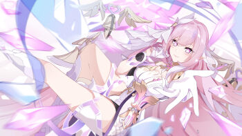 1girl absurdres bell black_shorts boots breasts closed_mouth commentary_request crystal_shards elbow_gloves elf elysia_(herrscher_of_human:_ego)_(honkai_impact) elysia_(honkai_impact) gloves hair_between_eyes hand_in_own_hair highres honkai_(series) honkai_impact_3rd kolimiya legs looking_at_viewer offering_hand pink_eyes pink_hair pink_pupils pointy_ears revision shirt short_shorts shorts signature solo thigh_boots thigh_strap thighs triquetra veil white_background white_gloves white_shirt white_veil