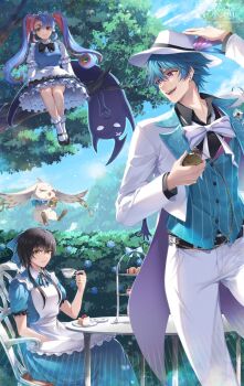 abby_(wuthering_waves) apron belt black_belt black_bow black_bowtie black_hair black_shirt black_shoes blue_bow blue_dress blue_hair blue_sky blue_vest bow bowtie brant_(wuthering_waves) cake cake_slice collared_shirt commentary_request cup day dress female_rover_(wuthering_waves) food hair_bow hat heterochromia highres holding holding_cup in_tree jacket long_dress multicolored_hair not_tatenaname official_alternate_costume outdoors pants pink_eyes pink_hair purple_eyes roccia_(wuthering_waves) rover_(wuthering_waves) shirt shoes short_hair sitting sitting_in_tree sky smile teacup tree twintails two-tone_hair vest waist_apron white_hat white_jacket white_pants wuthering_waves yellow_eyes