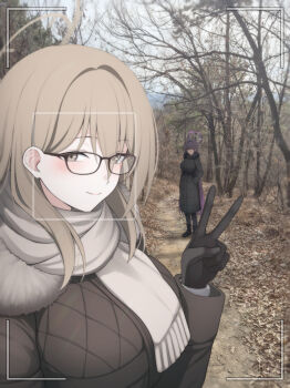 absurdres akane_(blue_archive) alternate_costume black-framed_eyewear black_coat black_gloves black_hair blue_archive blush brown_coat brown_hair casual coat commentary_request fake_phone_screenshot fake_screenshot fur-trimmed_coat fur_trim glasses gloves grey_scarf halo hand_in_pocket highres junu_(jwoo5627) karin_(blue_archive) korean_commentary looking_at_viewer outdoors padded_coat photo_background revision scarf smile straight_hair twintails v