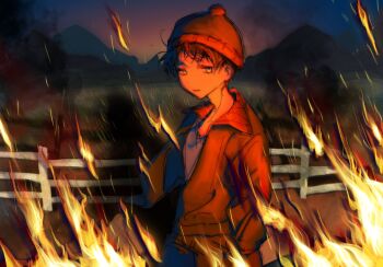 Rule 34 | 1boy, brown hair, closed mouth, cowboy shot, fence, fire, grey shirt, highres, huidu, jacket, light smile, long sleeves, male focus, open clothes, open jacket, outdoors, pom pom hat ornament, red hair, red jacket, shirt, short hair, solo, south park, stan marsh, yellow eyes