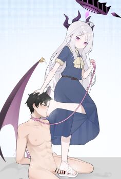 1boy 1girl absurdres barefoot blue_archive clothed_female_nude_male collar demon_wings feet foot_worship footjob hand_on_another's_head highres hina_(blue_archive) leash licking_foot light_blush long_hair ngs nude purple_eyes sandaljob sandals shoejob steam toes white_hair wings wl217_(nicexa111)