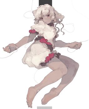 4qw5 bandages barefoot brown_hair ebisu_eika expressionless frilled_shirt frilled_skirt frills full_body highres long_earlobes looking_at_viewer lying muted_color on_back puffy_short_sleeves puffy_sleeves shirt short_sleeves skirt skirt_set touhou white_background white_hair