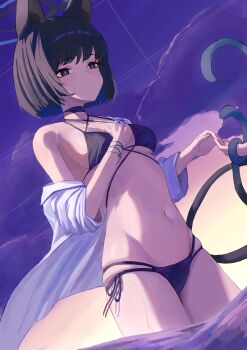 1girl absurdres animal_ears belly bikini black_eyes black_hair blue_archive breasts cat_ears choker commentary_request finger_touching halo hand_on_own_chest herakuchi highres hip_bones kikyou_(blue_archive) kikyou_(swimsuit)_(blue_archive) layered_bikini medium_breasts multiple_tails navel official_alternate_costume open_clothes open_shirt shirt short_hair sky star_(sky) starry_sky swimsuit tail twilight two_tails white_shirt