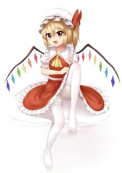 1girl ascot blonde_hair bloomers collared_shirt commentary crystal crystal_wings doge_(jkdoge) fang flandre_scarlet frilled_shirt_collar frilled_skirt frills hat highres looking_at_viewer mob_cap multicolored_wings one_side_up open_mouth pantyhose puffy_short_sleeves puffy_sleeves red_eyes red_skirt red_vest shirt short_sleeves skirt skirt_set smile solo touhou underwear variant_set vest white_bloomers white_hat white_pantyhose white_shirt wings yellow_ascot