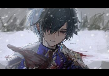 Rule 34 | 1boy, armor, blood, blue hair, commentary request, earrings, genshin impact, highres, jewelry, lohen (genshin impact), male focus, multicolored eyes, outstretched hand, pauldrons, piercing, red pupils, shoulder armor, single earring, single pauldron, snow, snow h41f, snowing, solo, wing collar