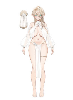 1girl absurdres aqua_eyes armpit_crease blonde_hair blush breasts curvy detached_sleeves elf full_body hair_between_eyes highres huge_breasts loincloth long_hair looking_at_viewer navel original pointy_ears reference_sheet sagging_breasts see-through_clothes see-through_sleeves sencha_bashira simple_background smile thigh_strap veil white_background white_loincloth