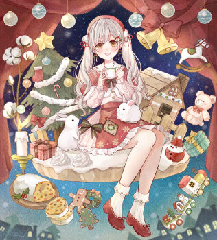 1girl :d animal animal_on_lap ankle_socks bell beret blue_sky blush bow building buttons candle candlestand candy candy_cane capelet christmas christmas_ornaments christmas_present christmas_stocking christmas_tree commentary_request cookie cup curtains double-parted_bangs earrings food frilled_shirt_collar frilled_skirt frills full_body fur-trimmed_capelet fur_trim gift gingerbread_cookie gingerbread_house gingerbread_man gradient_sky green_bow hair_ribbon hands_up hat highres holding holding_cup icing jewelry jingle_bell long_hair long_sleeves looking_at_viewer on_lap open_mouth original rabbit rearing red_bow red_capelet red_hat red_ribbon red_shoes red_skirt ribbed_shirt ribbon rocking_horse shirt shoes sitting skirt sky smile snowflake_print snowing snowman socks star_(sky) star_(symbol) starry_sky string striped_bow stuffed_animal stuffed_toy teddy_bear tententuyu town toy_horse toy_train twintails wavy_hair white_hair white_shirt white_socks wreath wreath_earrings yellow_eyes