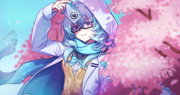 1girl absurdres arm_up bespectacled black-framed_eyewear black_sailor_collar blue_bow blue_bowtie blue_hair blue_scarf blue_sky bow bowtie breasts camera cardigan cherry_blossoms closed_mouth colored_eyelashes commentary day english_commentary flareza glasses hair_between_eyes highres holding holding_camera hood hooded_jacket jacket long_hair looking_at_viewer medium_breasts official_alternate_costume outdoors purple_eyes sailor_collar scarf semi-rimless_eyewear shirt shorekeeper_(wuthering_waves) sky smile solo under-rim_eyewear upper_body white_jacket white_shirt wuthering_waves yellow_cardigan