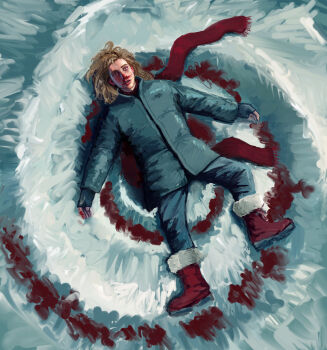 Rule 34 | 1boy, ascendingconures, blonde hair, blood, boots, coat, commentary, curly hair, design speculation, english commentary, fingerless gloves, gloves, highres, lips, long hair, male focus, michael shelley, nosebleed, pants, realistic, red scarf, scarf, snow, spiral, symbolism, the magnus archives, winter, winter clothes