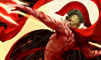 1boy absurdres arched_back arm_tattoo back_tattoo blonde_hair borger_(borgerchorger) chest_tattoo covered_eyes gladiator helm helmet highres honkai:_star_rail honkai_(series) javelin_(spear) jewelry male_focus medium_hair mydei_(honkai:_star_rail) necklace outstretched_arm plume polearm solo spear tattoo throwing topless_male weapon