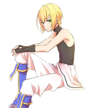 Rule 34 | 1boy, age regression, blazblue, blazblue: calamity trigger, blazblue: central fiction, blazblue: chronophantasma, blazblue: continuum shift, blonde hair, fingerless gloves, gloves, green eyes, kisaragi jin, looking at viewer, male focus, potato (oriha94), simple background, solo, undershirt, white background, aged down