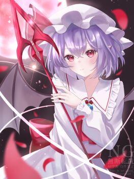 Rule 34 | 1girl, absurdres, ascot, back bow, bat wings, blush, bow, brooch, closed mouth, commentary, cowboy shot, dress, falling petals, frilled shirt collar, frills, hair between eyes, hat, hat ribbon, highres, jewelry, long sleeves, looking at viewer, mob cap, moon, night, petals, purple hair, red ascot, red bow, red eyes, red moon, red petals, red ribbon, remilia scarlet, ribbon, short hair, smile, solo, spear the gungnir, star (sky), touhou, waist ribbon, watermark, white dress, white hat, wings, yogiri miri