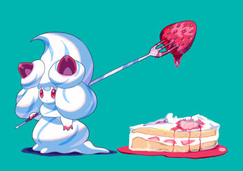 Rule 34 | absurdres, alcremie, alcremie (salted cream), alcremie (strawberry sweet), cake, creature as food, food, food-themed creature, food-themed hair ornament, fork, fruit, gen 8 pokemon, hair ornament, highres, holding, holding fork, nintendo, no humans, pokemon, pokemon (creature), pokemon focus, red eyes, saiku (zvlku), strawberry, strawberry hair ornament
