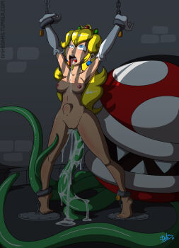 1girl bad_end barefoot blonde_hair blue_eyes breasts bulge chain chained chained_ankles chained_cuffs chained_wrists crown cum cum_in_mouth cum_in_pussy cum_overflow cumdrip dahs dated defeat dungeon elbow_gloves feet gloves helpless long_hair mario_(series) nintendo nipples nude piranha_plant plant princess princess_peach prisoner pussy rape rape_dungeon signature super_mario_bros._1 tentacle_sex tentacles toes tumblr_username vines watermark web_address white_gloves