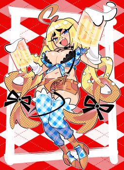 absurdres ahoge alcohol beer black_bow black_bra blonde_hair blue_eyes bourbunbun bow bra braid breasts brown_hair brown_shoes cleavage commentary english_commentary fang food food-themed_hair freckles german_clothes gloves gretzel_(bourbunbun) highres lace lace-trimmed_bra lace_trim lederhosen midriff multicolored_hair original pretzel salt shoes skin_fang socks suspenders two-tone_hair underwear white_gloves