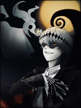 2boys anomarokarisu_don black_crown crown diamond_hairband formal_clothes gloves highres jacket long_sleeves looking_at_viewer male_focus missing_tooth moon multiple_boys pinstripe_jacket pinstripe_pattern pinstripe_suit pinstripe_vest short_hair skeleton_print skully_j._graves smile striped_clothes striped_jacket striped_vest suit sunglasses the_nightmare_before_christmas twisted_wonderland vertical-striped_clothes vertical-striped_vest vest white_hair zero_(nbc)