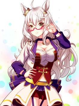 1girl ahoge animal_ears biwa_hayahide_(umamusume) blush bodice breasts choker cleavage closed_mouth collarbone commentary_request corset cropped_jacket garter_straps glasses grey_hair hair_between_eyes highres horse_ears horse_girl jacket large_breasts long_hair looking_at_viewer midriff_peek navel no_tail overskirt pendant_choker purple_choker purple_garter_straps red-framed_eyewear red_corset red_shorts semi-rimless_eyewear shirt shorts smile starting_future_(umamusume) sugimotty_nova umamusume under-rim_eyewear white_jacket white_shirt wristband yellow_eyes
