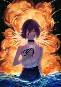 1girl black_choker black_ribbon black_shorts chainsaw_man choker closed_mouth explosion explosion_background flower green_eyes hair_bun highres holding holding_flower neck_ribbon night ocean outdoors purple_hair reze_(chainsaw_man) ribbon shirt shirt_tucked_in shorts solo wading water white_flower white_shirt yuuk_0416