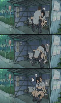 1boy 1girl 2020 bench black_pants black_shoes black_skirt black_socks blue_skirt blush breasts brown_hair bus_stop bush clothes_lift clothes_pull collared_shirt corrugated_galvanized_iron_sheet forest highres hug leaf nature nipples open_mouth original pants pants_pull rain reverse_upright_straddle road school_uniform sex sex_from_behind shirt shirt_lift shoes skirt skirt_lift socks translation_request tree wakamatsu372 white_shirt