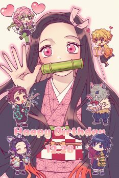 3girls 4boys agatsuma_zenitsu balloon birthday_cake bit_gag black_hair black_haori black_jacket black_pants black_skirt blonde_hair blunt_bangs blunt_ends blush boar_mask bowl box braid brown_eyes brown_hair butterfly_hair_ornament butterfly_print_haori cake chibi chibi_inset chikasarang closed_eyes colored_tips commentary confetti dated demon_slayer_uniform drooling earrings english_commentary fingernails food gag gift gift_box green_eyes green_hair green_thighhighs hair_between_eyes hair_ornament hair_ribbon hanafuda_earrings haori happy_birthday hashibira_inosuke heart_balloon highres holding holding_balloon holding_bowl holding_cake holding_food holding_gift jacket japanese_clothes jewelry kamado_nezuko kamado_tanjirou kanroji_mitsuri kimetsu_no_yaiba kimono kochou_shinobu long_fingernails long_hair low_ponytail mouth_drool multicolored_hair multiple_boys multiple_braids multiple_girls open_clothes open_jacket open_mouth orange_hair orange_haori pants parted_bangs pennant pink_eyes pink_hair pink_kimono pink_ribbon ponytail print_haori purple_hair red_eyes red_hair ribbed_thighhighs ribbon sandals scar scar_on_face scar_on_forehead short_hair sidelocks skirt smile tabi thighhighs throwing throwing_confetti tomioka_giyuu topless_male two-tone_hair updo upper_body waving